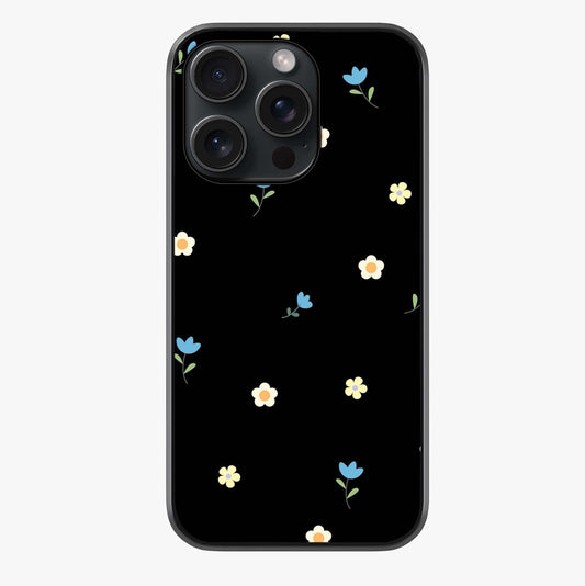 Minimalistic Blue With White Flower Pattern Glass Case showing full back design in clean flat view with glossy glass finish.