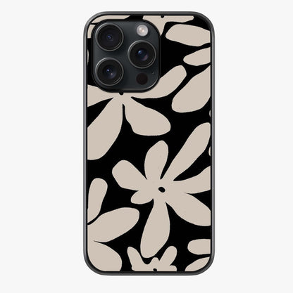 Monochrome Petal Dance Glass Case showing full back design in clean flat view with glossy glass finish.