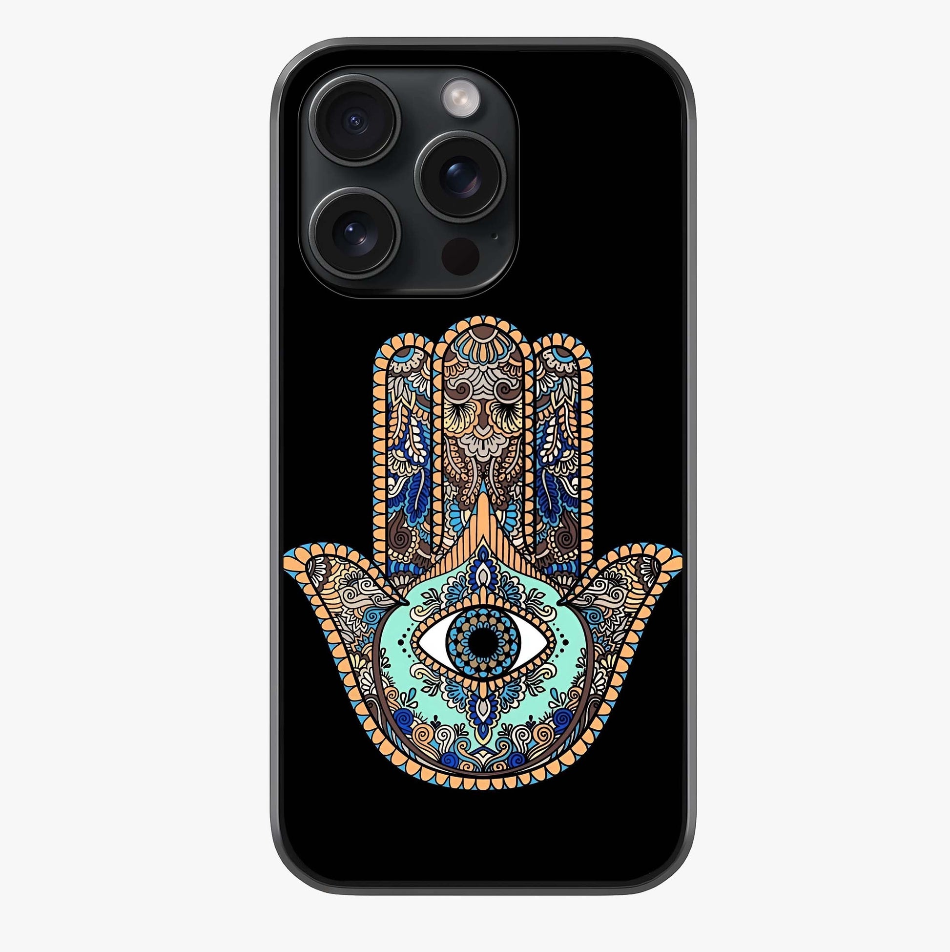 Mystic Hamsa Eye Glass Case showing full back design in clean flat view with glossy glass finish.