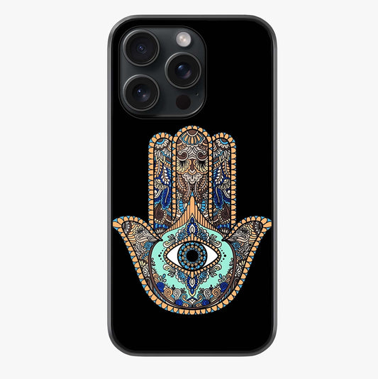 Mystic Hamsa Eye Glass Case showing full back design in clean flat view with glossy glass finish.