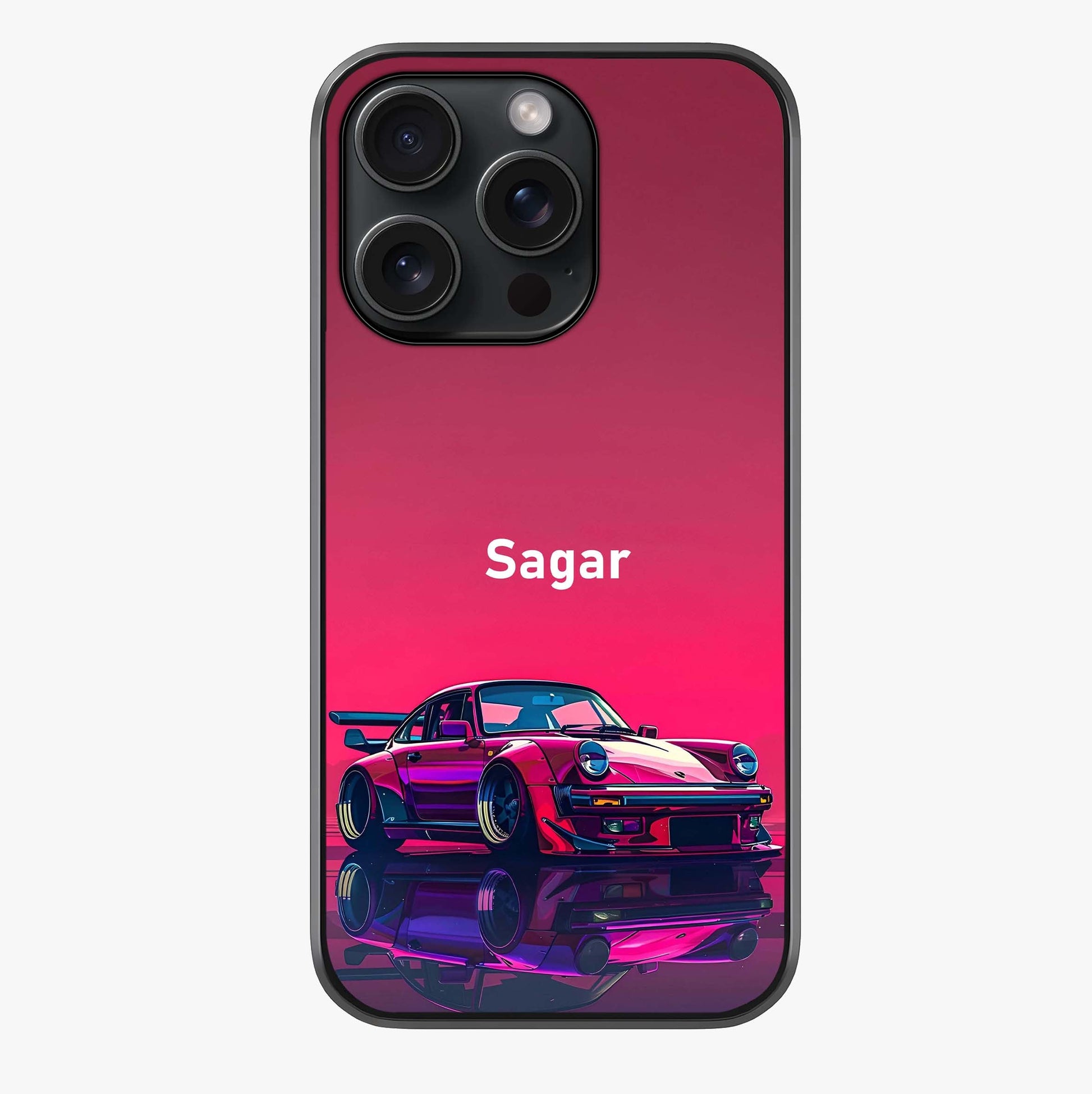 Neon Pink Porsche Glass Case showing full back design in clean flat view with glossy glass finish.