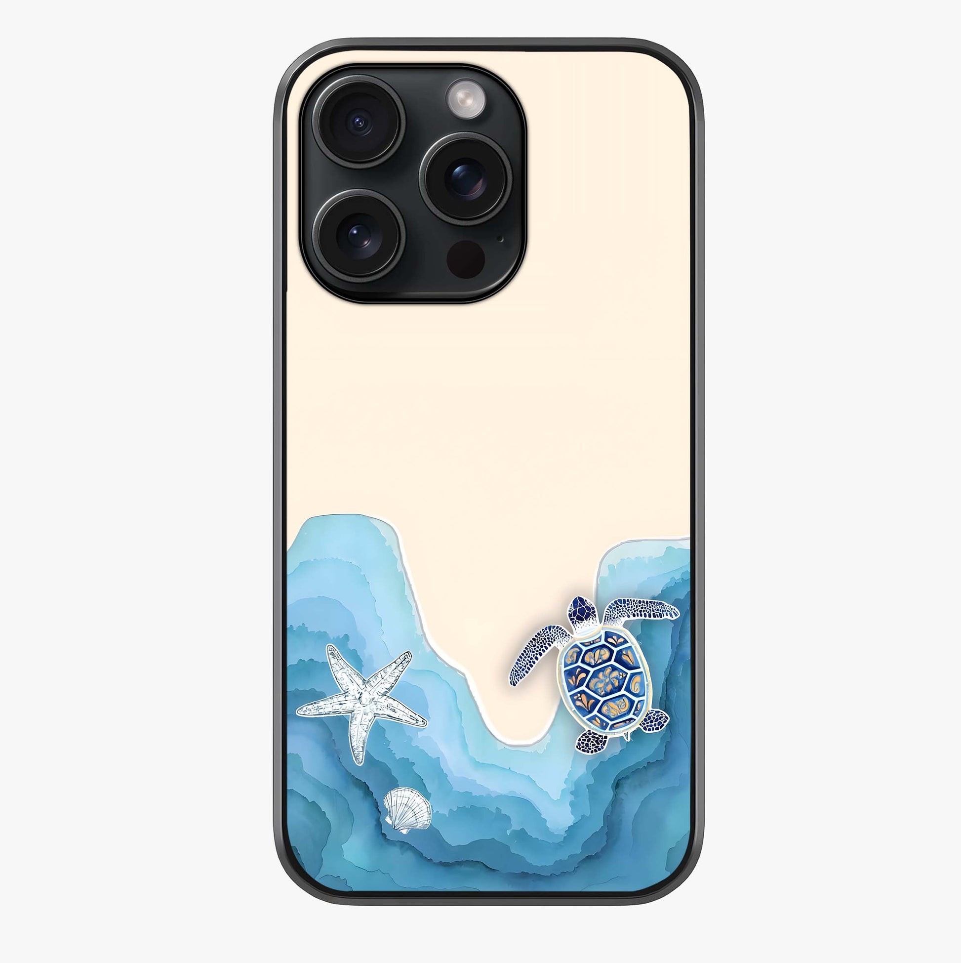 Ocean Drift Turtle Glass Case showing full back design in clean flat view with glossy glass finish.