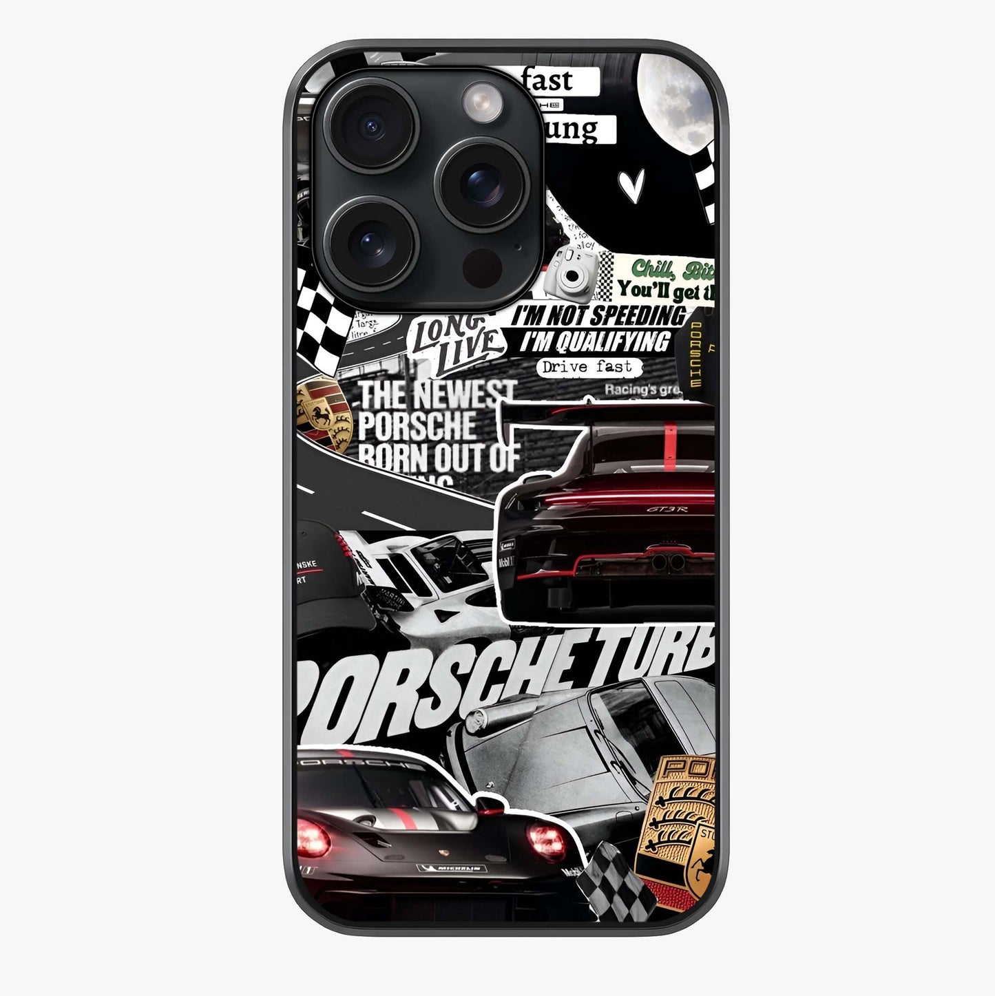 Porsche Racing Collage Glass Case showing full back design in clean flat view with glossy glass finish.