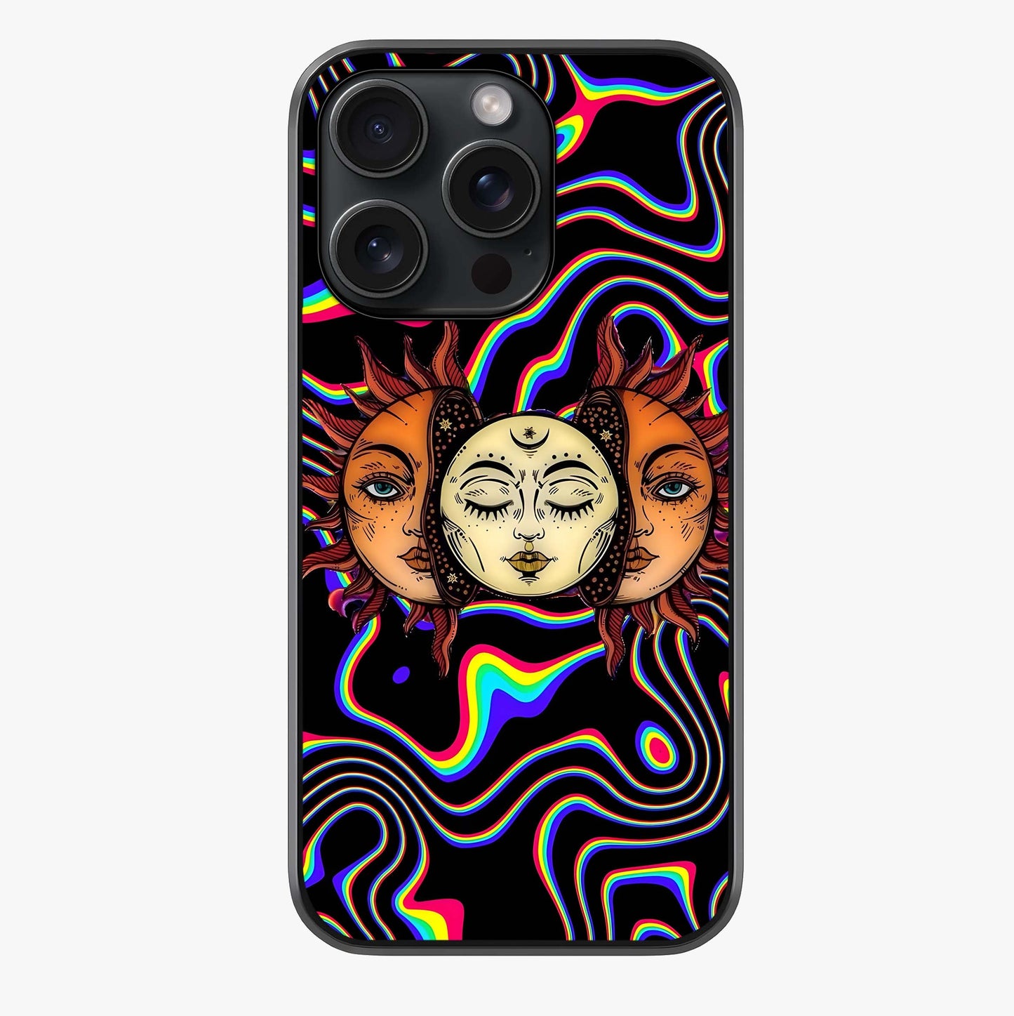 Psychedelic Sun Glass Case showing full back design in clean flat view with glossy glass finish.