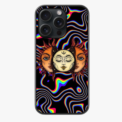 Psychedelic Sun Glass Case showing full back design in clean flat view with glossy glass finish.