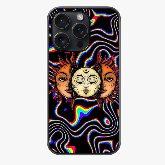 Psychedelic Sun Glass Case showing full back design in clean flat view with glossy glass finish.