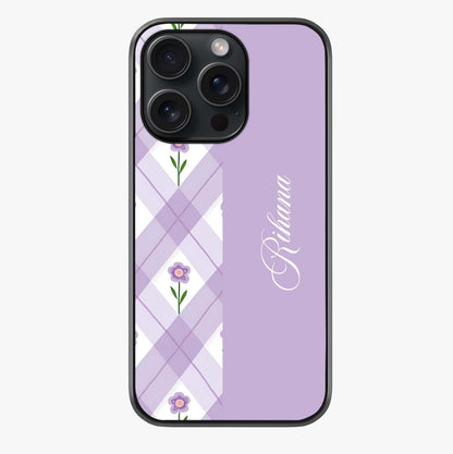 Purple Diamond Floral Glass Case showing full back design in clean flat view with glossy glass finish.