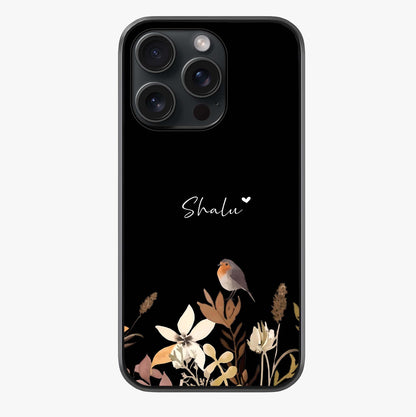 Quiet Garden Tune Custom Name Glass Case showing full back design in clean flat view with glossy glass finish.