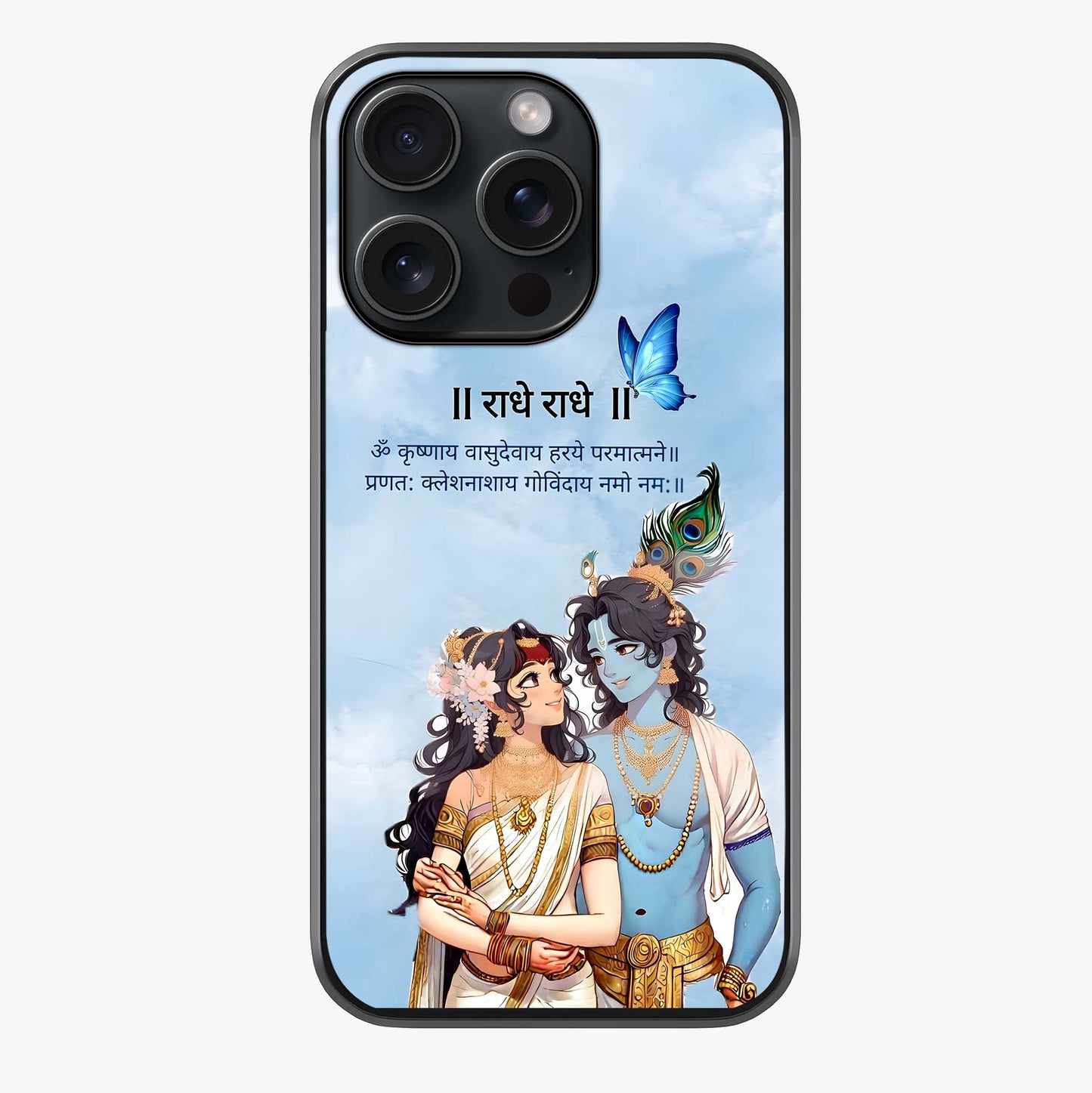 Radha Krishna Eternal Glass Case showing full back design in clean flat view with glossy glass finish.