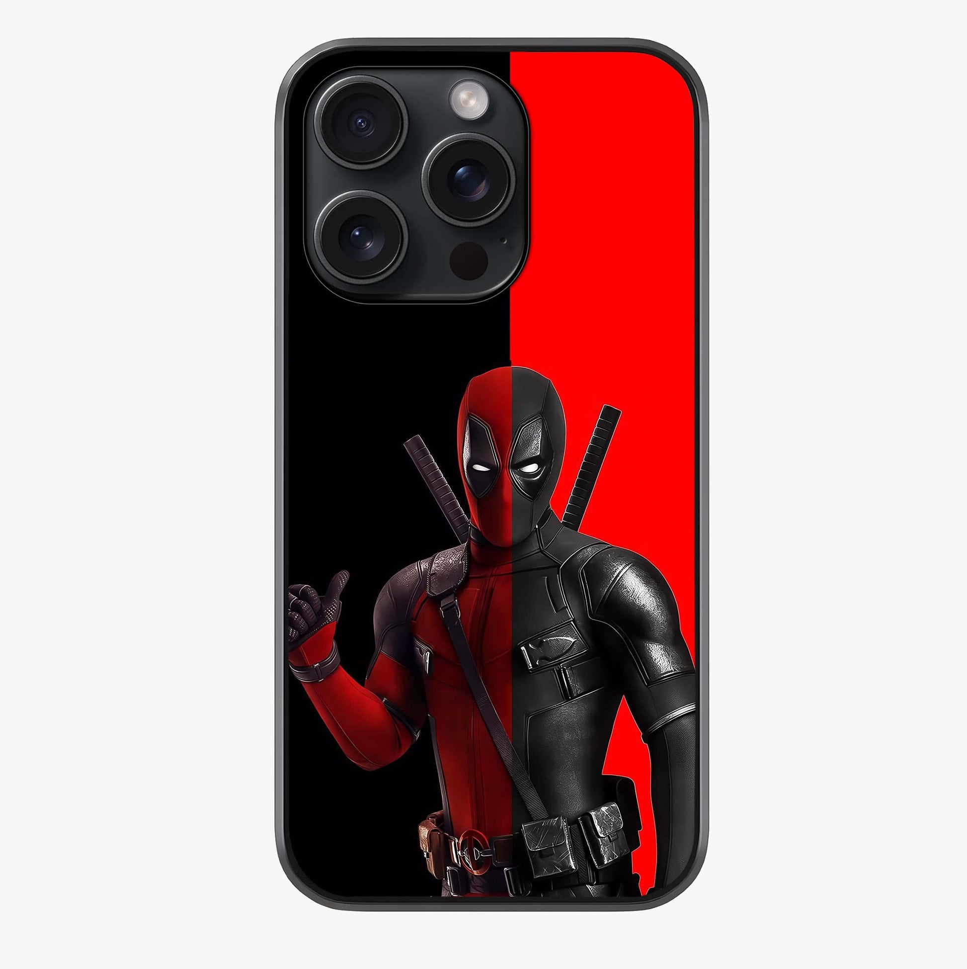Red & Black Deadpool Theme Glass Case showing full back design in clean flat view with glossy glass finish.