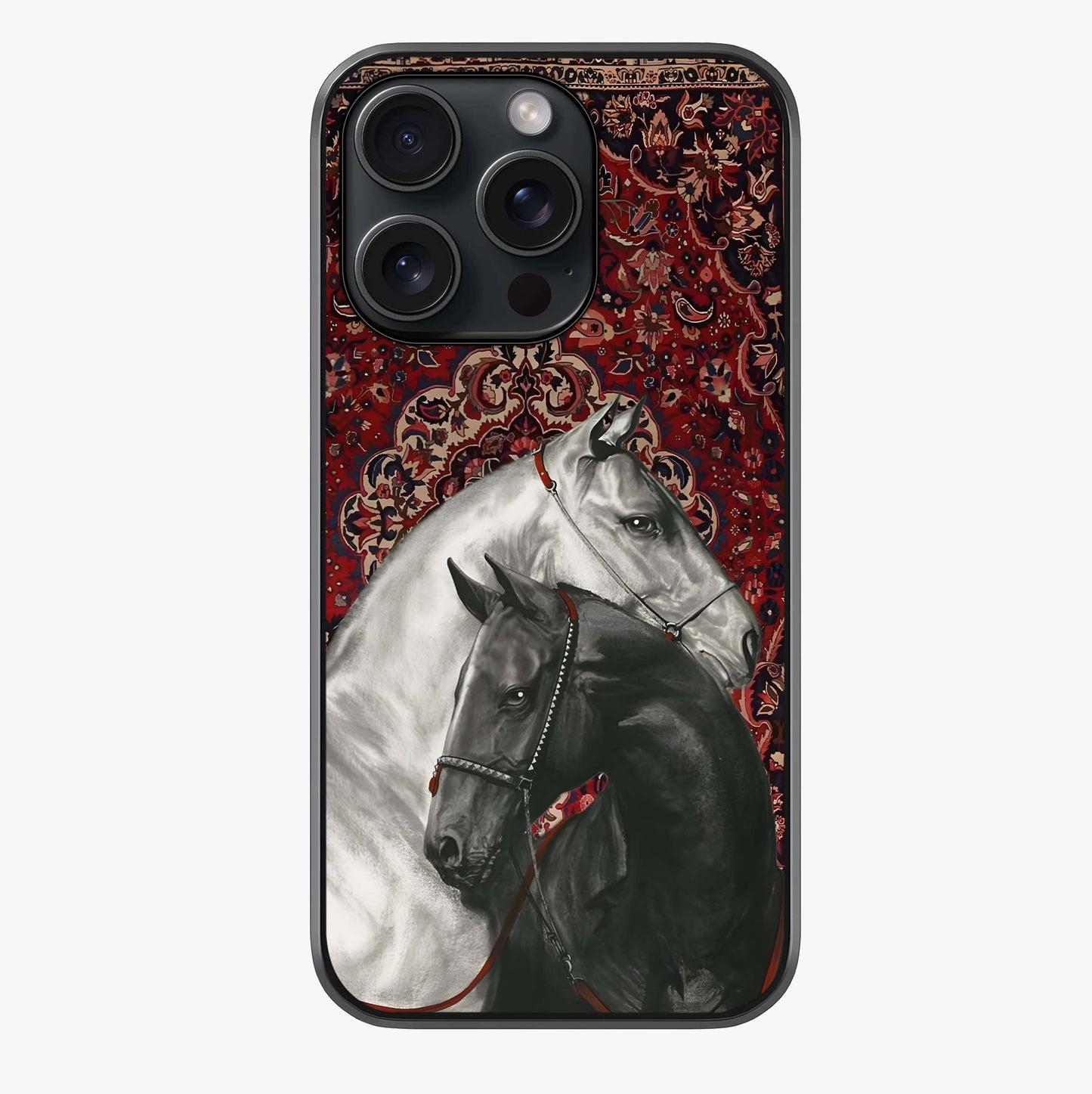 Regal Stallion Tapestry Glass Case showing full back design in clean flat view with glossy glass finish.
