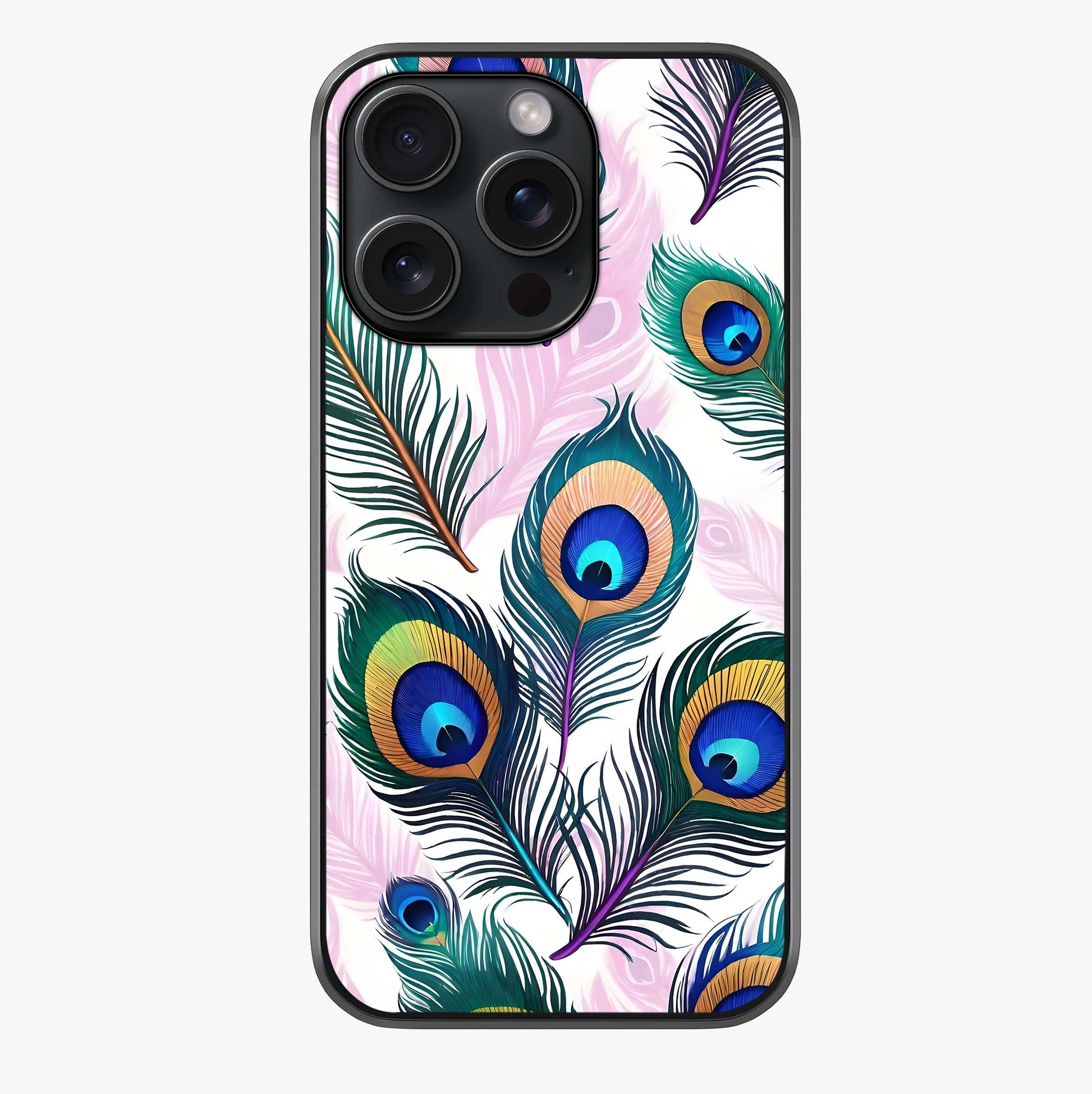 Royal Peacock Feathers Glass Case showing full back design in clean flat view with glossy glass finish.