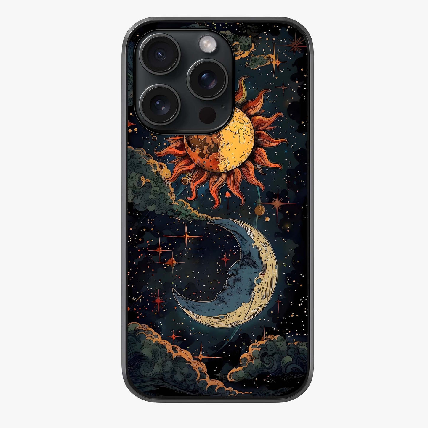 Sun And Moon Magic Design Glass Case showing full back design in clean flat view with glossy glass finish.