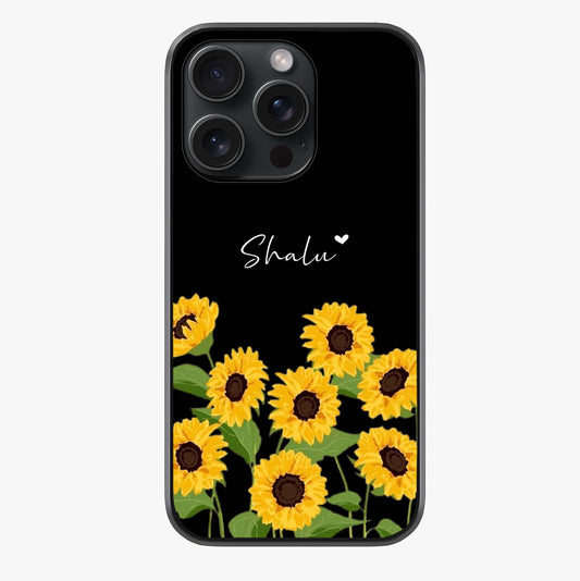 Sunflower Chic Mood Custom Name Glass Case showing full back design in clean flat view with glossy glass finish.