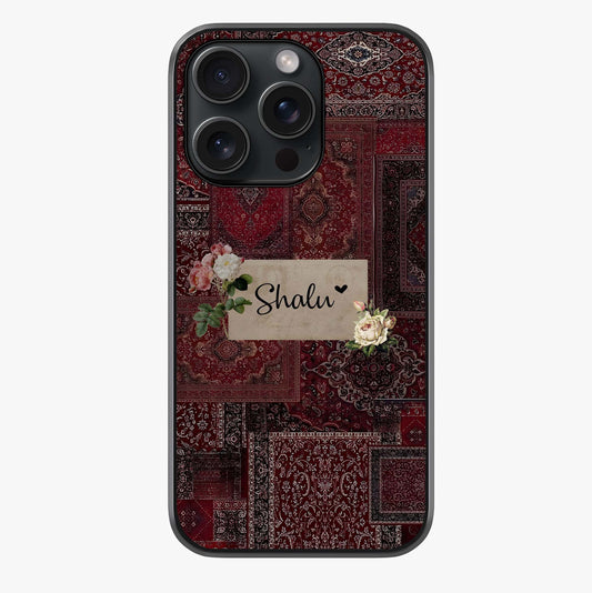 Velvet Wine Pattern Custom Name Glass Case showing full back design in clean flat view with glossy glass finish.