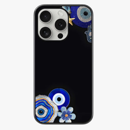 Aesthetic Blue Evil Eye Glass Case showing full back design in clean flat view with glossy glass finish.