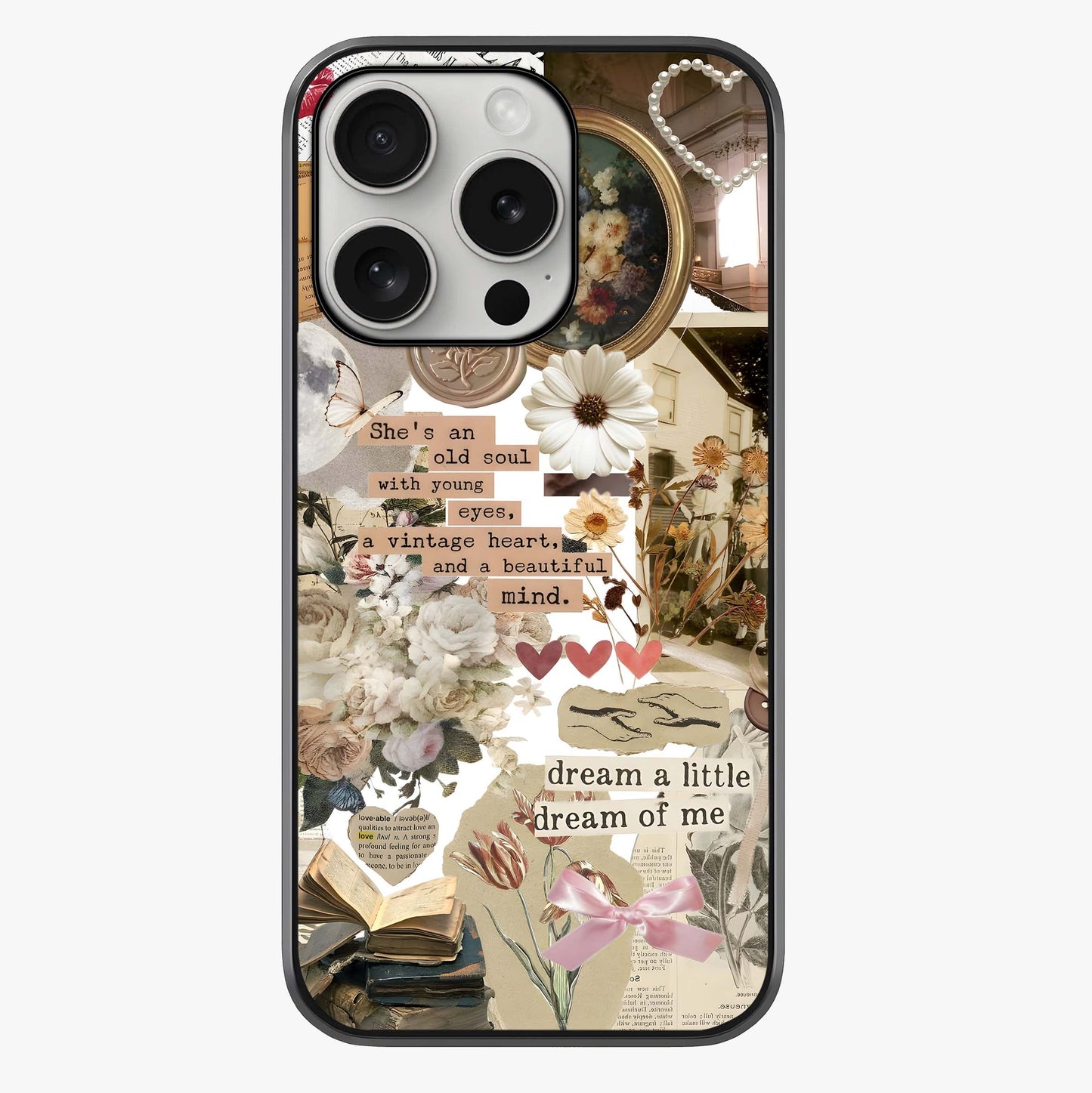 Aesthetic Brown Vintage Collage Glass Case showing full back design in clean flat view with glossy glass finish.