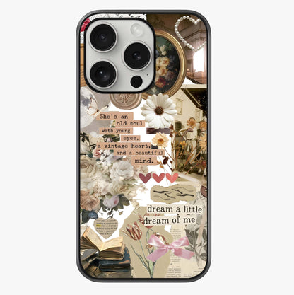 Aesthetic Brown Vintage Collage Glass Case showing full back design in clean flat view with glossy glass finish.