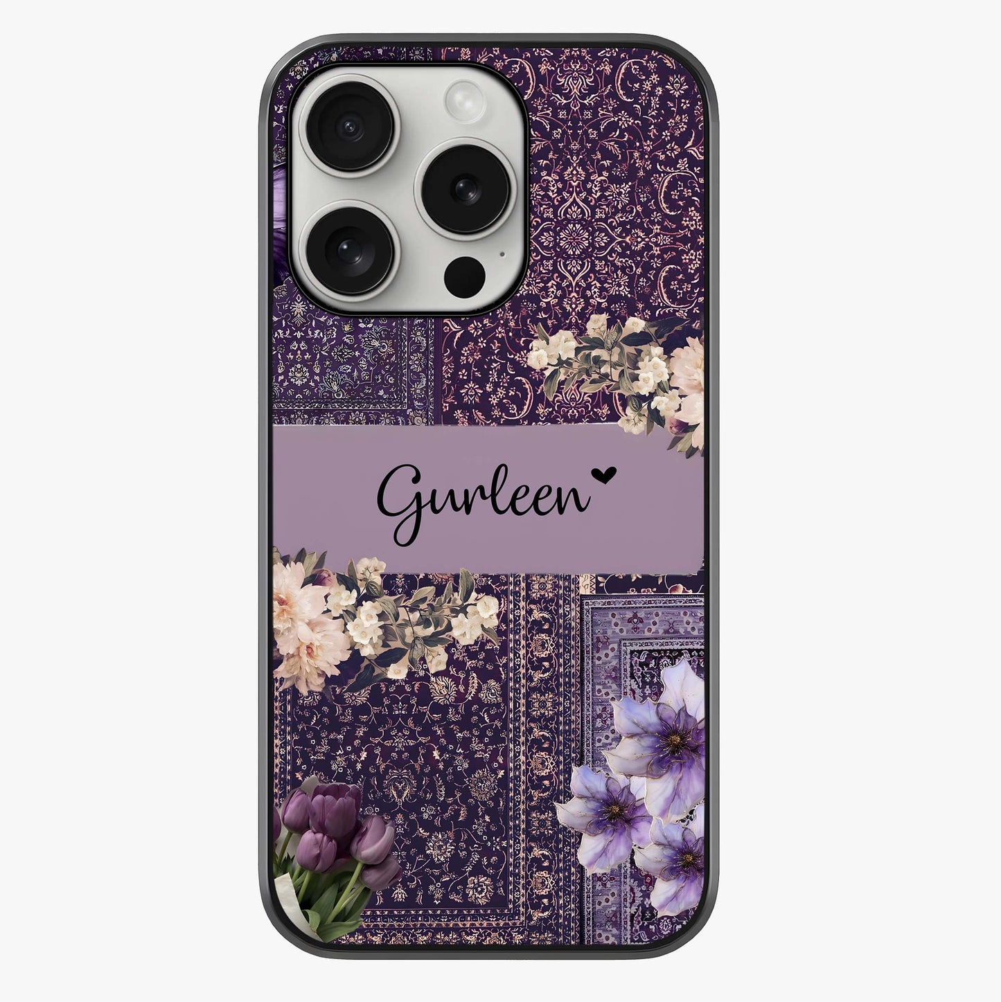 Antique Floral Whisper Custom Name Glass Case showing full back design in clean flat view with glossy glass finish.