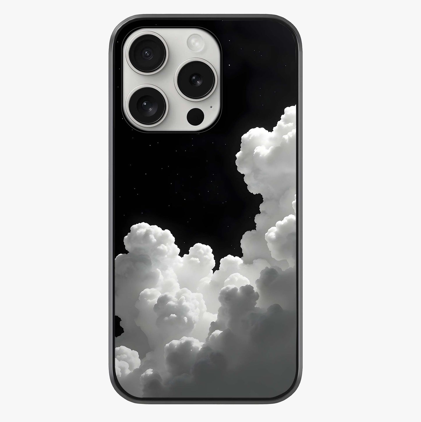 Black Background With White Cloud Glass Case showing full back design in clean flat view with glossy glass finish.