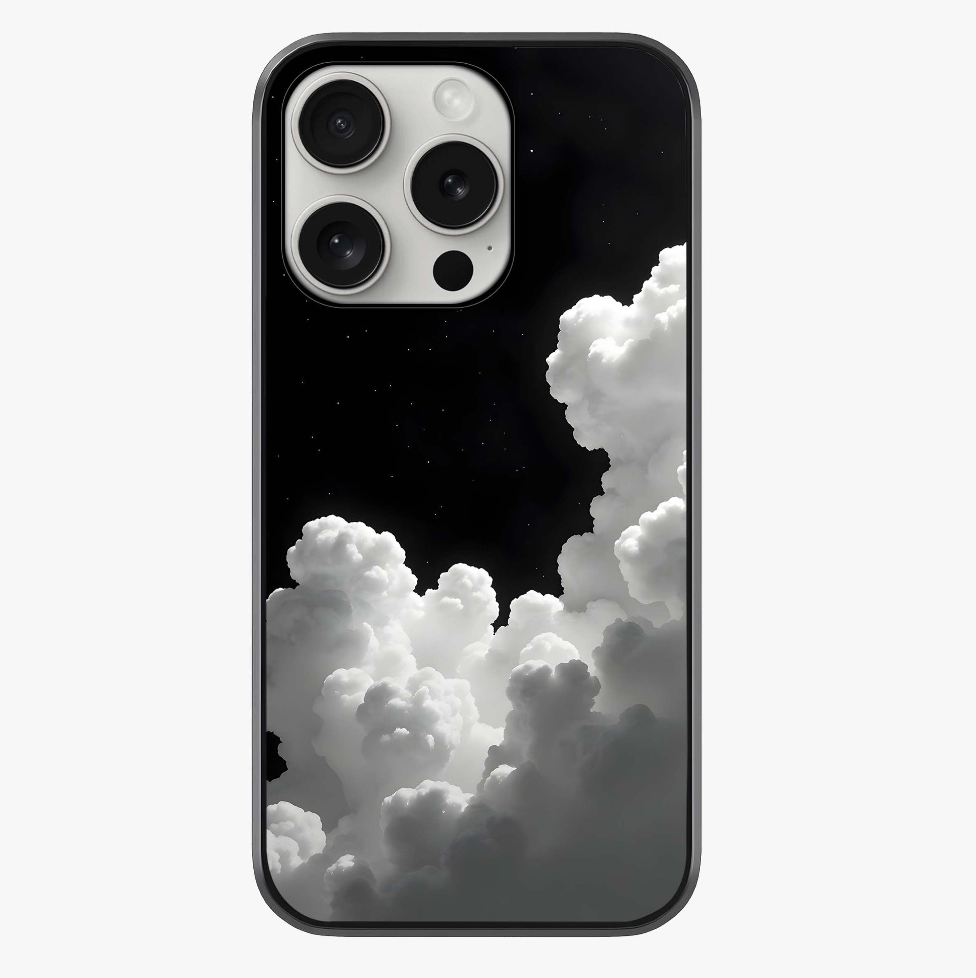 Black Background With White Cloud Glass Case showing full back design in clean flat view with glossy glass finish.