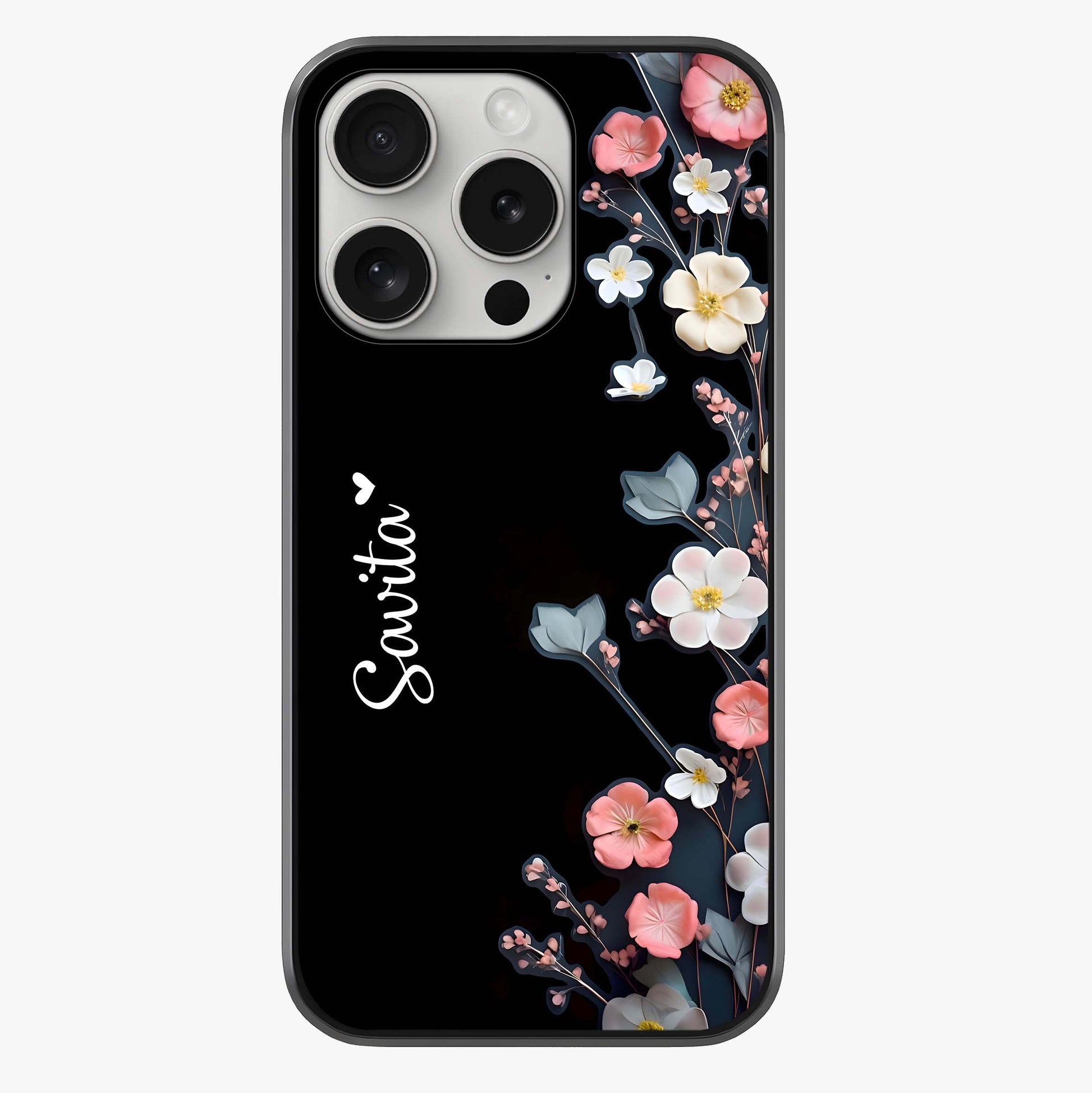 Black Elegance Floral Custom Name Glass Case showing full back design in clean flat view with glossy glass finish.