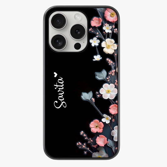 Black Elegance Floral Custom Name Glass Case showing full back design in clean flat view with glossy glass finish.