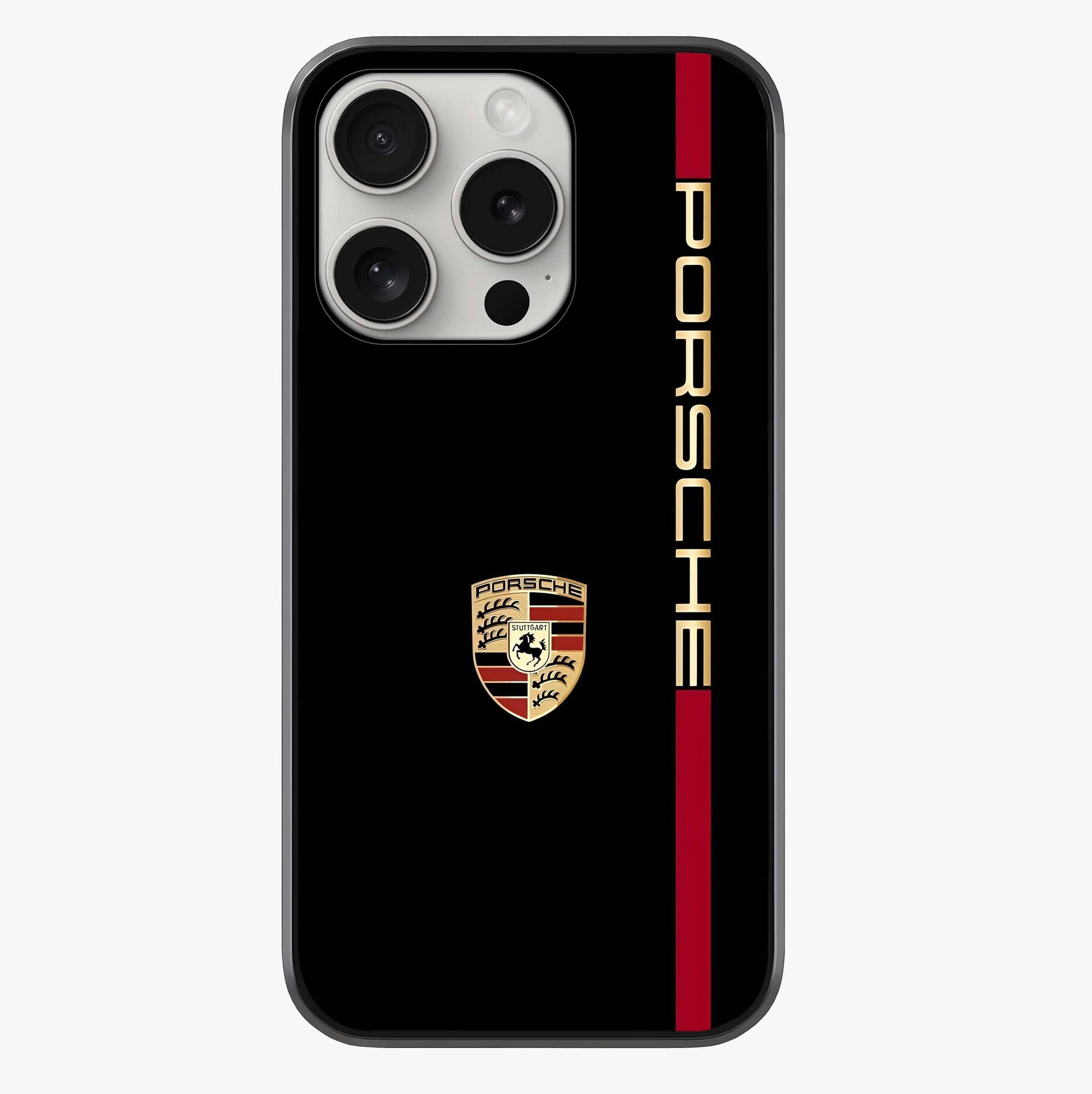 Black Minimal Porsche Glass Case showing full back design in clean flat view with glossy glass finish.