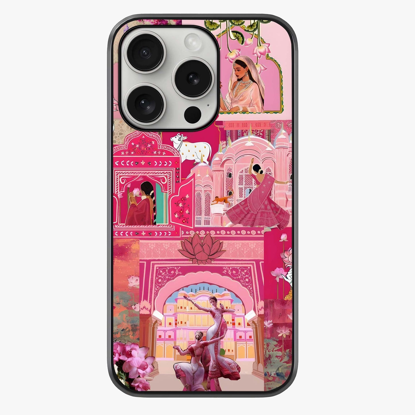 Blossoms Of Rajasthan Glass Case showing full back design in clean flat view with glossy glass finish.