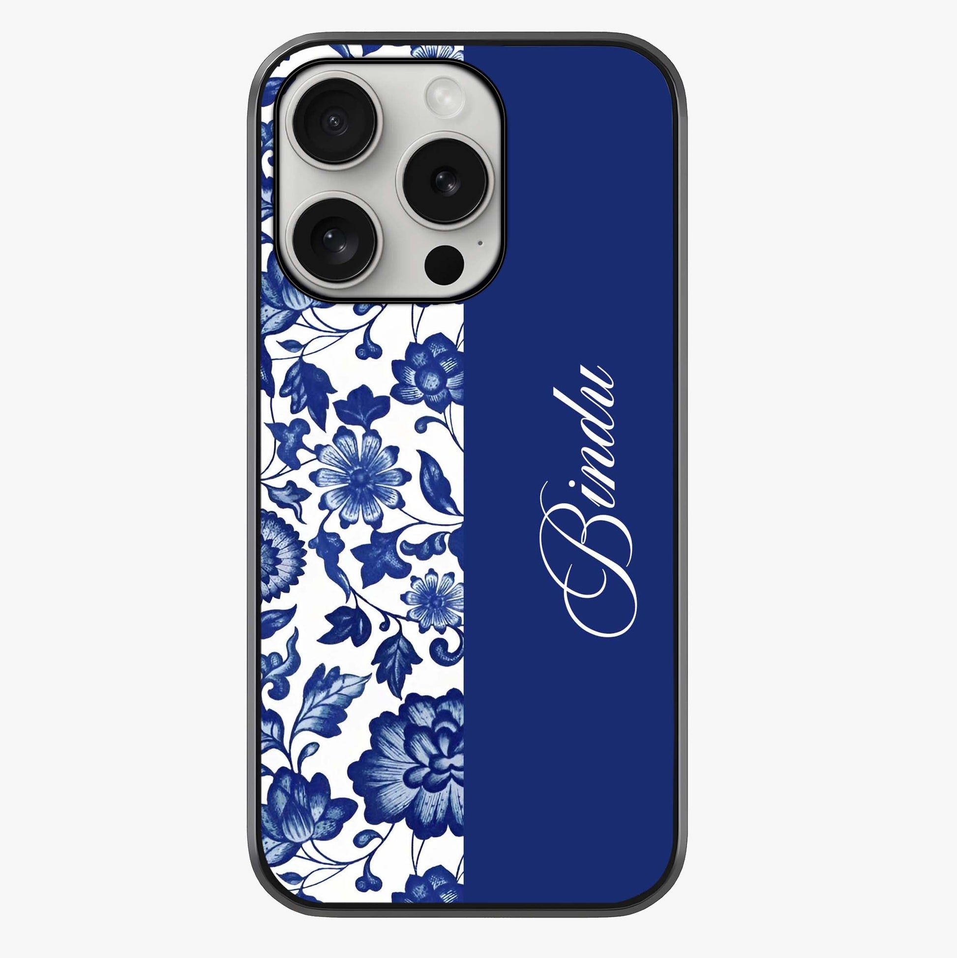 Blue Vintage Floral Pattern Glass Case showing full back design in clean flat view with glossy glass finish.