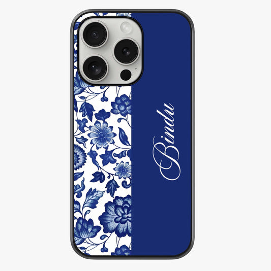 Blue Vintage Floral Pattern Glass Case showing full back design in clean flat view with glossy glass finish.