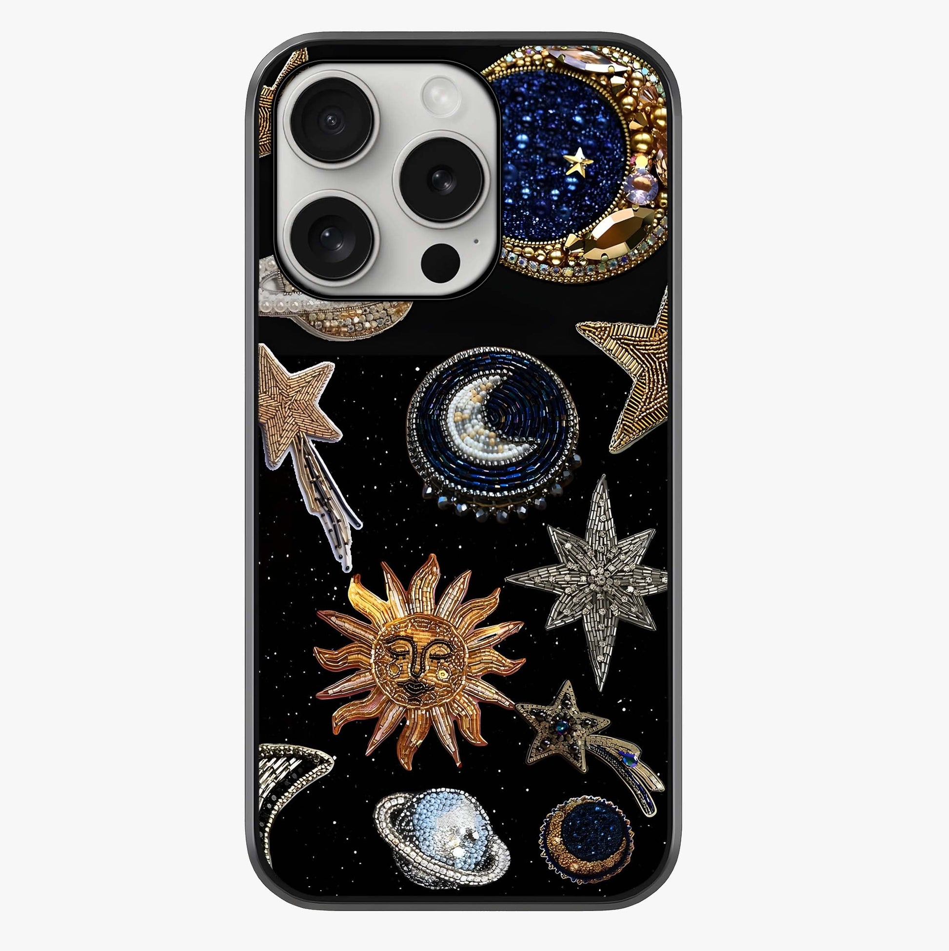 Celestial Gem Constellations Glass Case showing full back design in clean flat view with glossy glass finish.