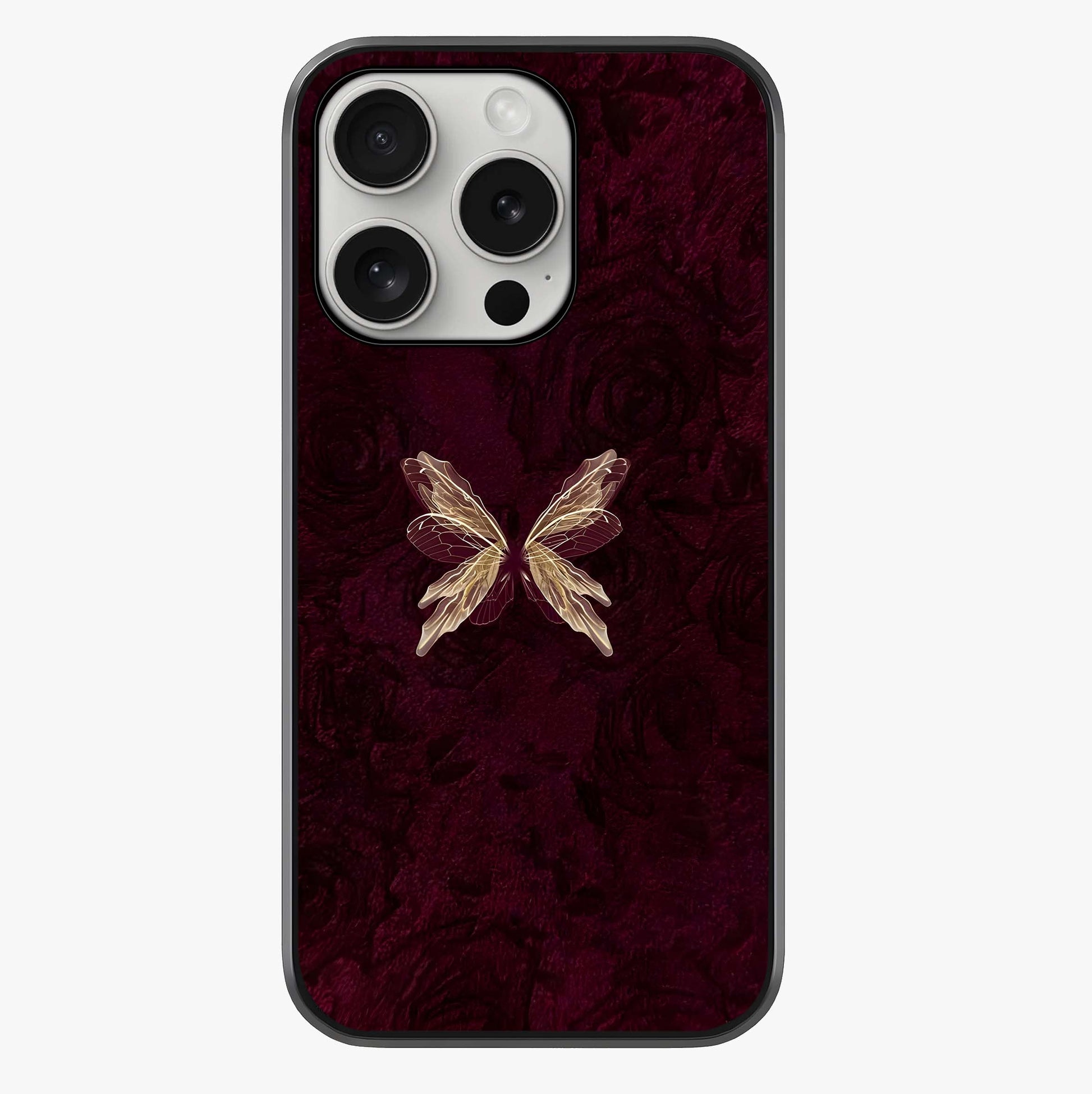 Crimson Fade Butterfly Glass Case showing full back design in clean flat view with glossy glass finish.