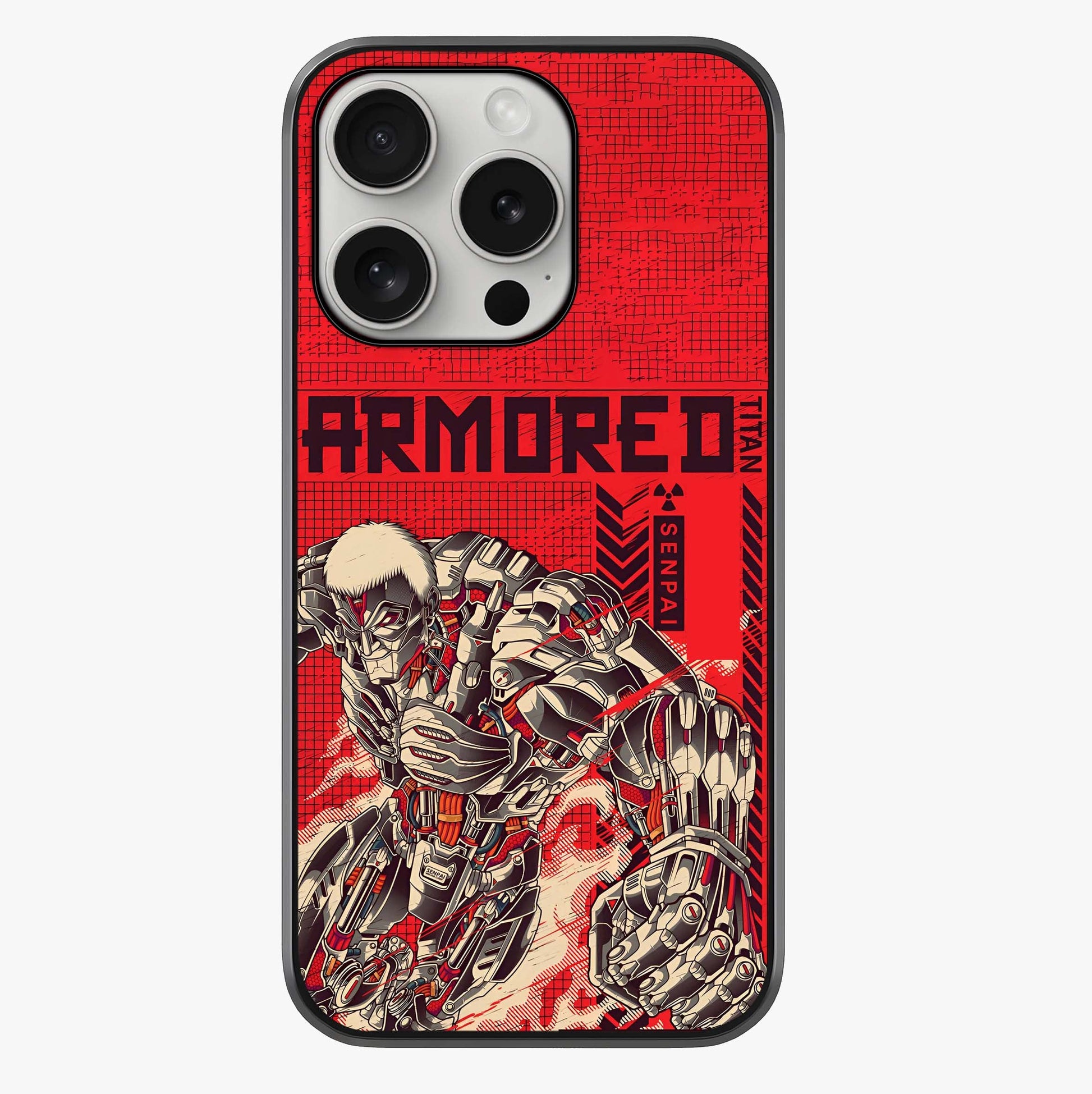 Crimson Mecha Titan Glass Case showing full back design in clean flat view with glossy glass finish.