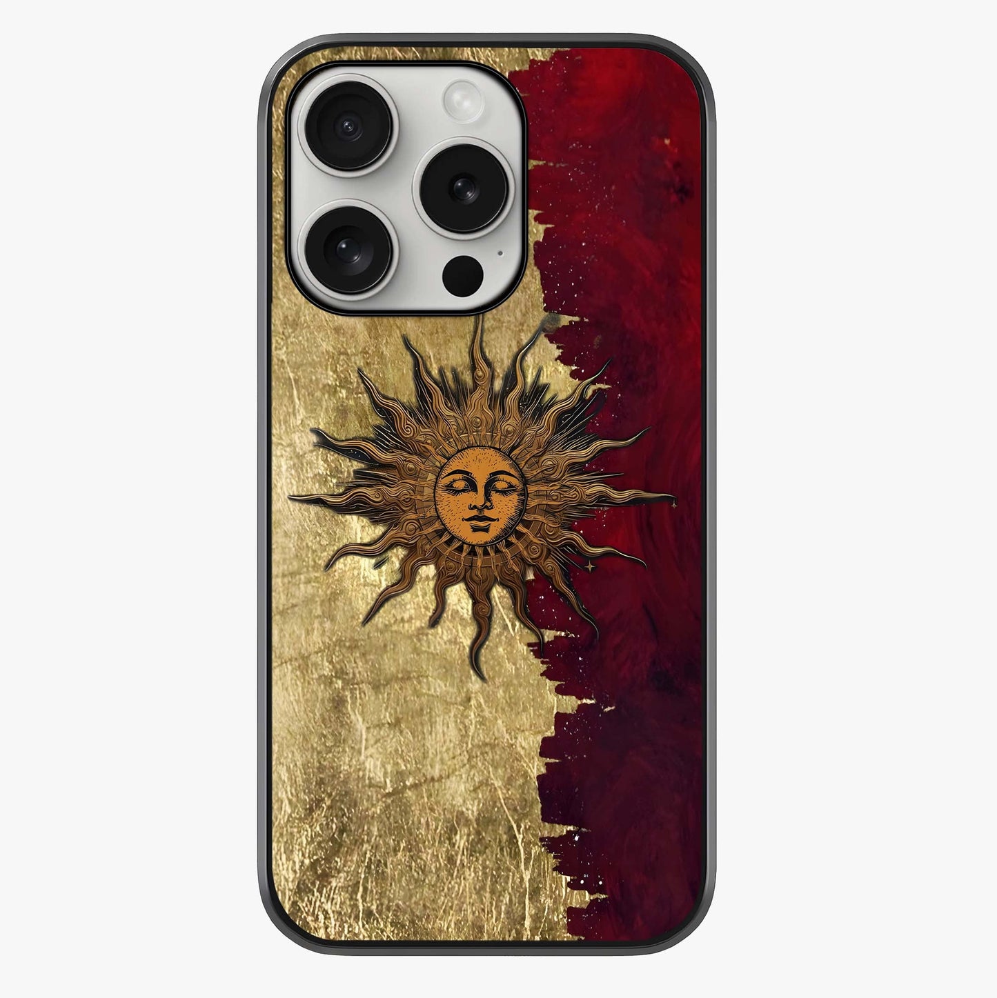 Crimson Sun Majesty Glass Case showing full back design in clean flat view with glossy glass finish.