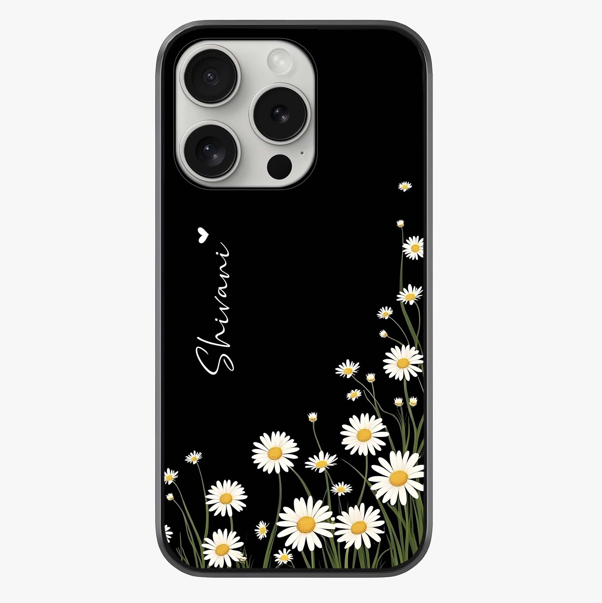 Daisy Cascade Custom Name Glass Case showing full back design in clean flat view with glossy glass finish.