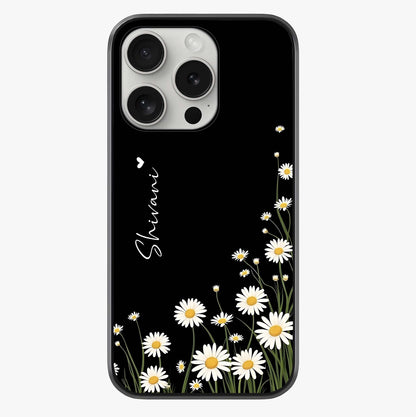 Daisy Cascade Custom Name Glass Case showing full back design in clean flat view with glossy glass finish.