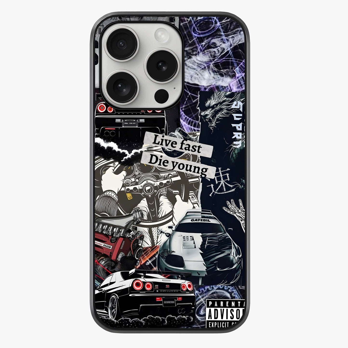 Die Young Glass Case showing full back design in clean flat view with glossy glass finish.
