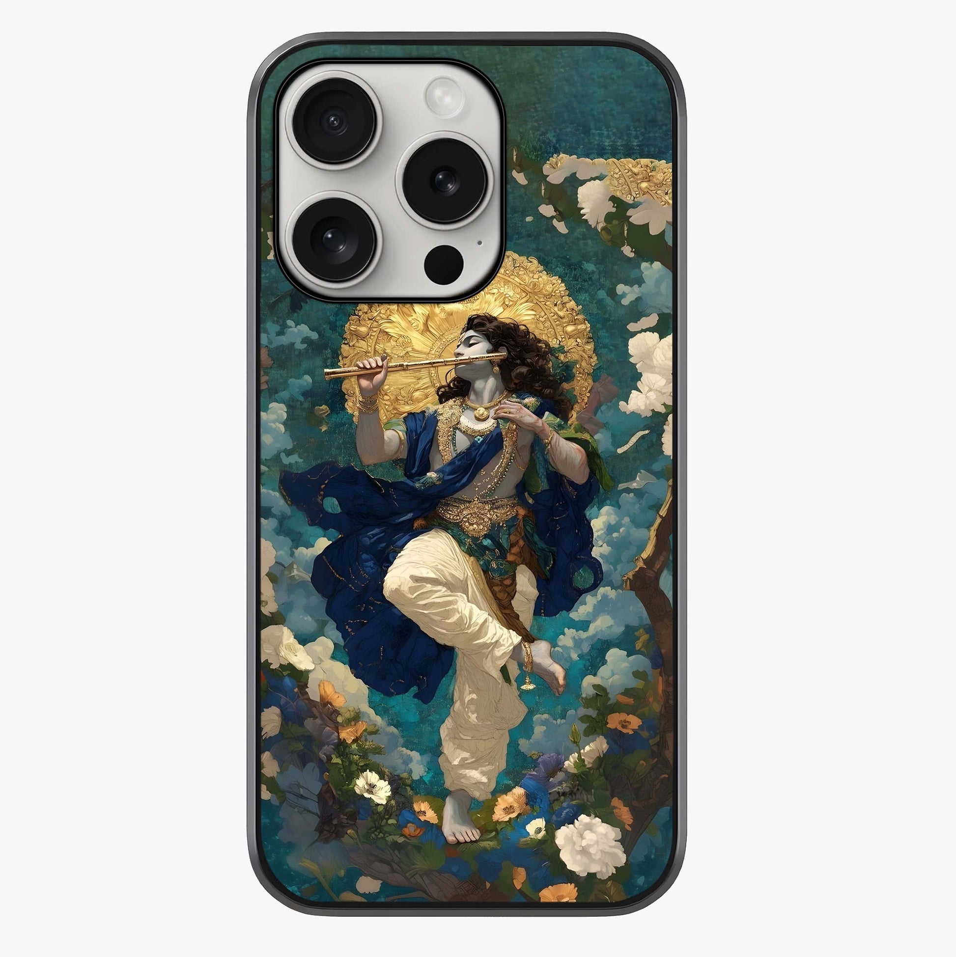 Divine Krishna Art Glass Case showing full back design in clean flat view with glossy glass finish.