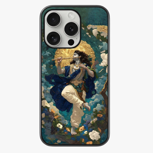 Divine Krishna Art Glass Case showing full back design in clean flat view with glossy glass finish.