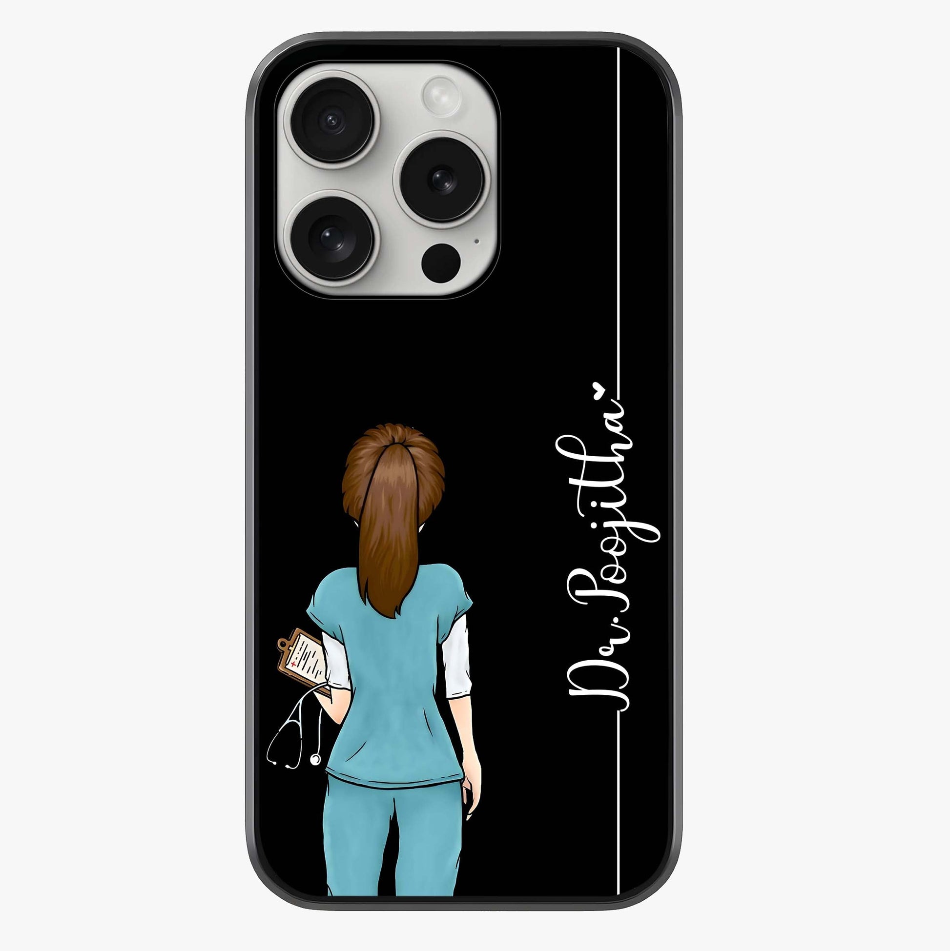 Doctor Pattern Custom Name Glass Case showing full back design in clean flat view with glossy glass finish.