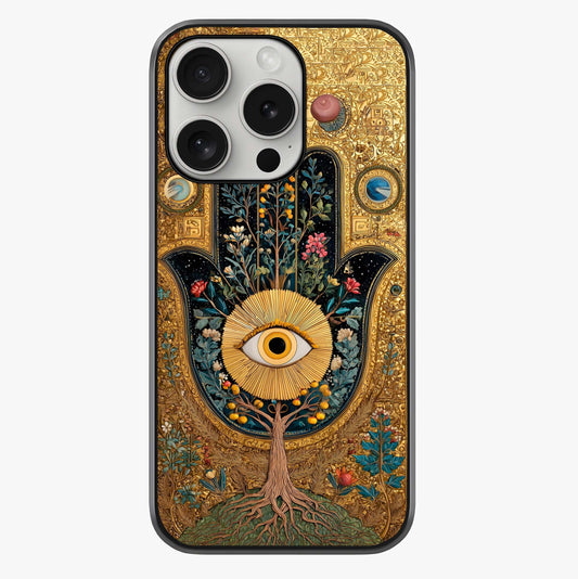Ethereal Evil Eye Glass Case showing full back design in clean flat view with glossy glass finish.