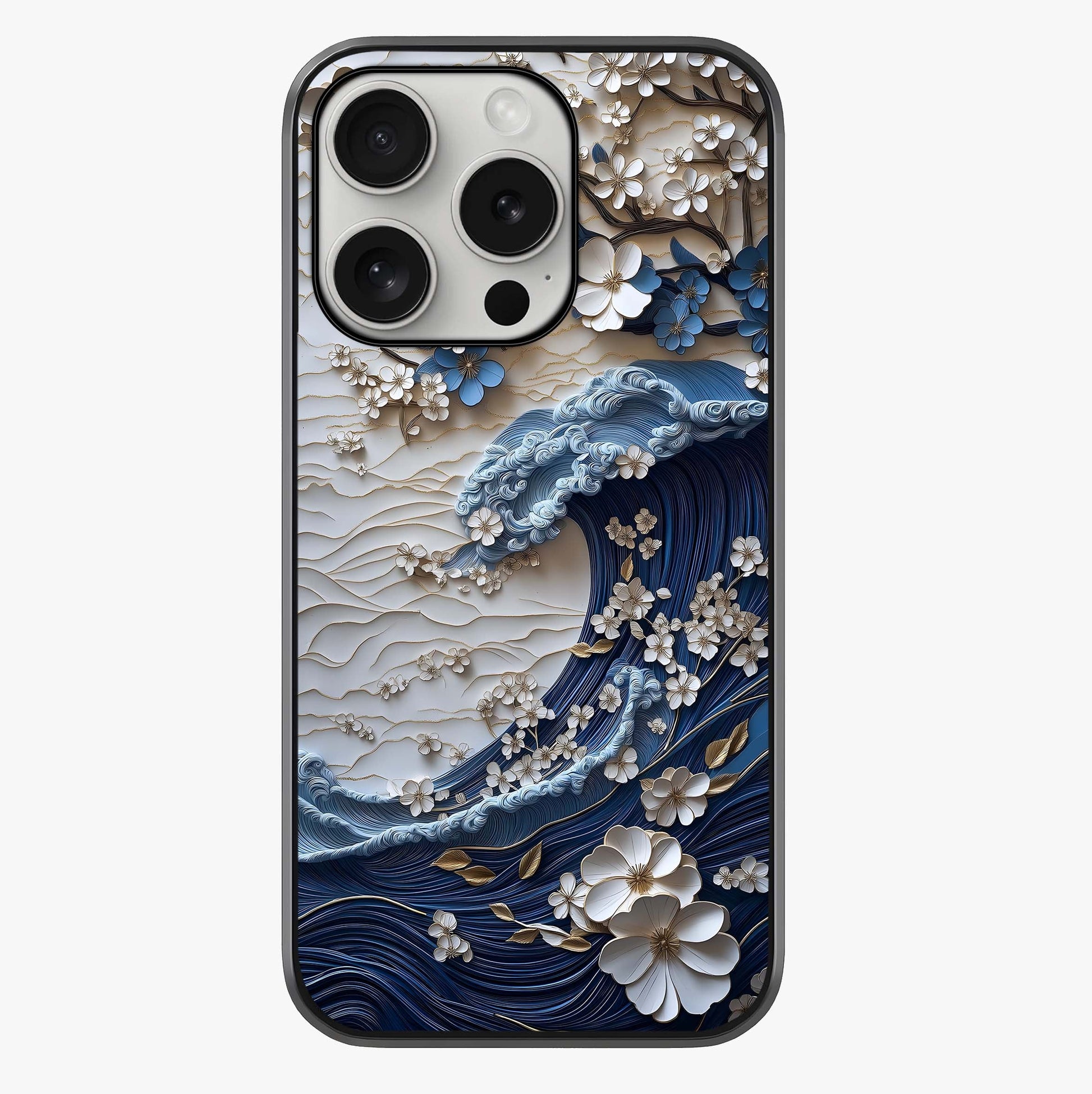 Floral Wave Origami Glass Case showing full back design in clean flat view with glossy glass finish.