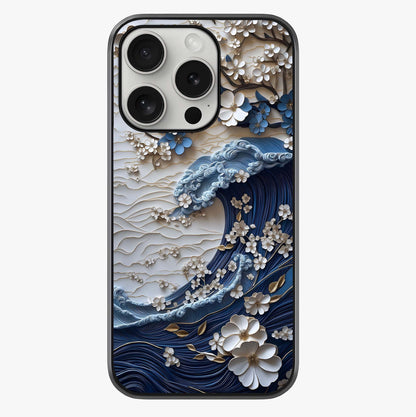 Floral Wave Origami Glass Case showing full back design in clean flat view with glossy glass finish.