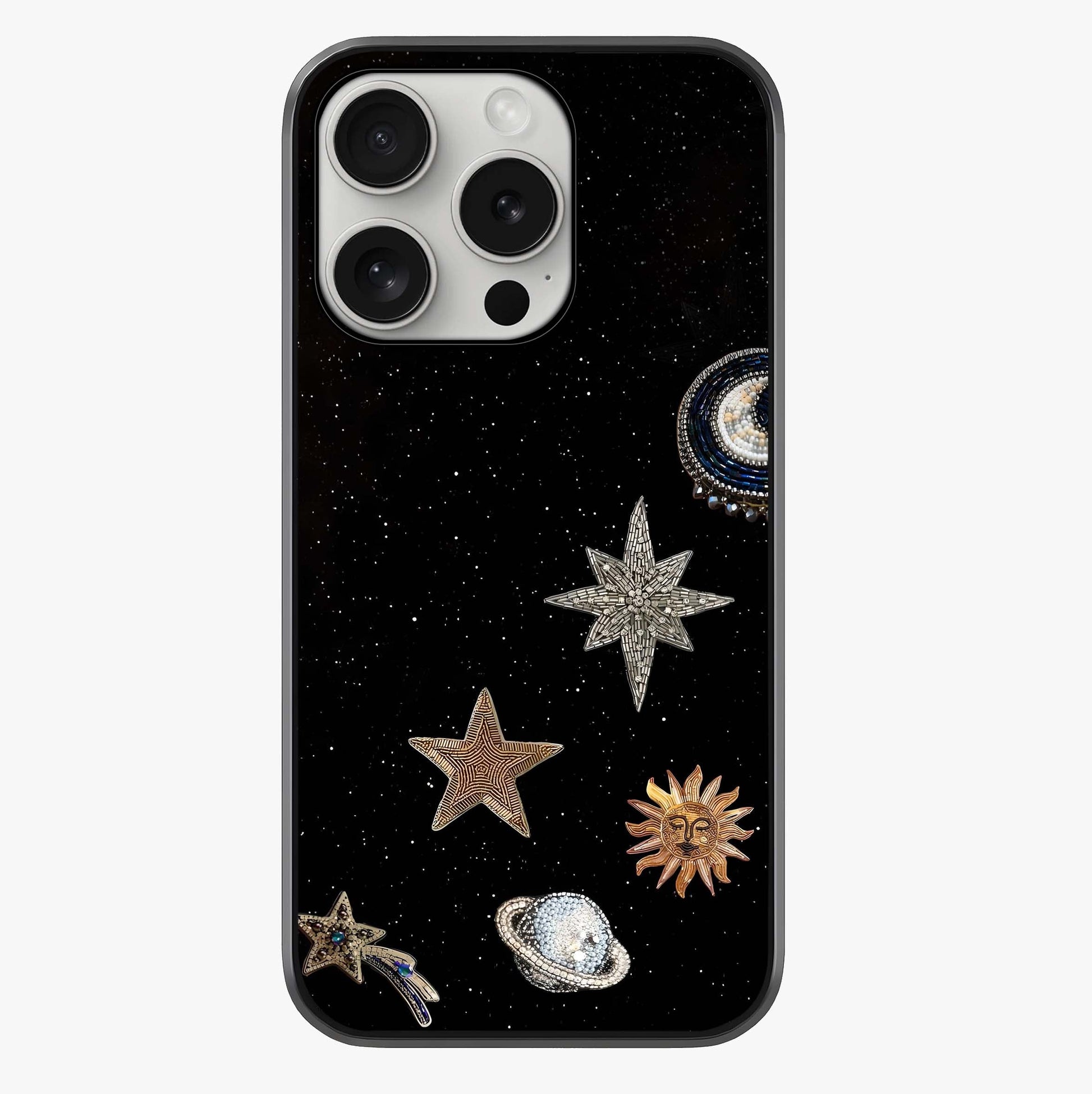 Galactic Charm Glow Glass Case showing full back design in clean flat view with glossy glass finish.