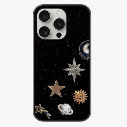 Galactic Charm Glow Glass Case showing full back design in clean flat view with glossy glass finish.