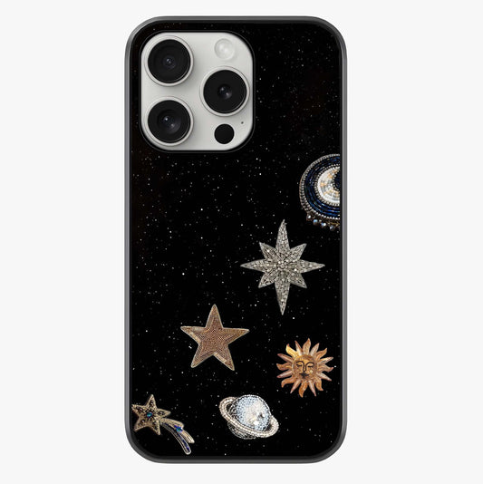 Galactic Charm Glow Glass Case showing full back design in clean flat view with glossy glass finish.