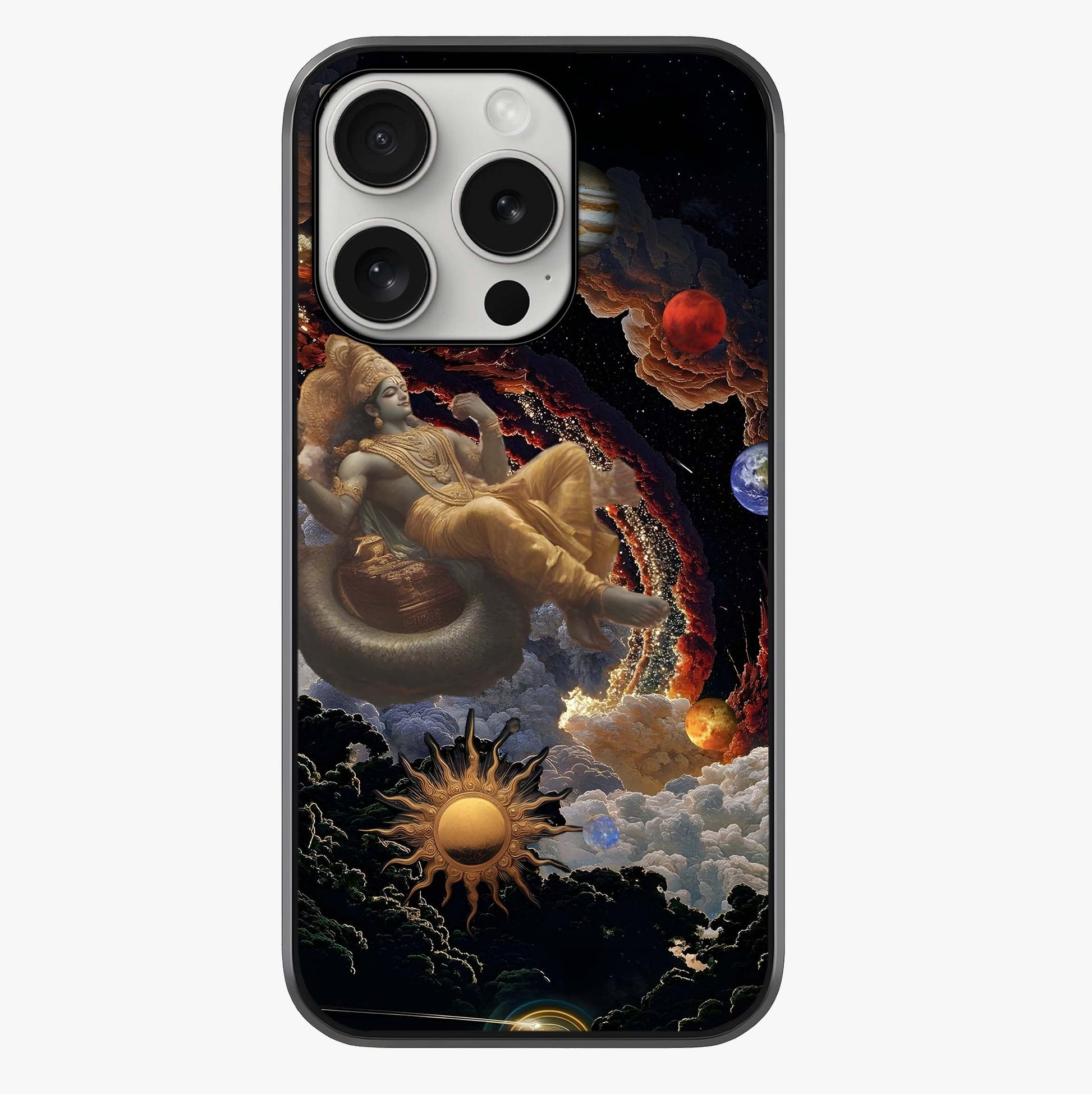 Galactic Divine God Glass Case showing full back design in clean flat view with glossy glass finish.