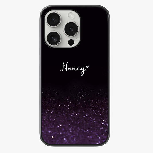 Glittery Purple Bokeh Custom Name Glass Case showing full back design in clean flat view with glossy glass finish.