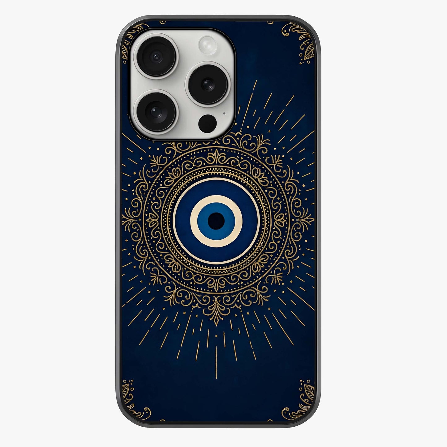 Golden Evil Eye Mandala Glass Case showing full back design in clean flat view with glossy glass finish.